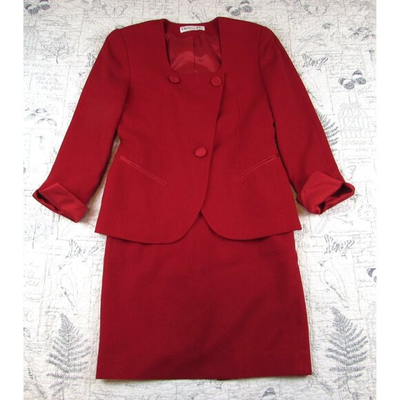 Vtg Christian Dior Women's Red Skirt Suit Skirt and Collarless Blazer Suit Sz 4 - Picture 2 of 10